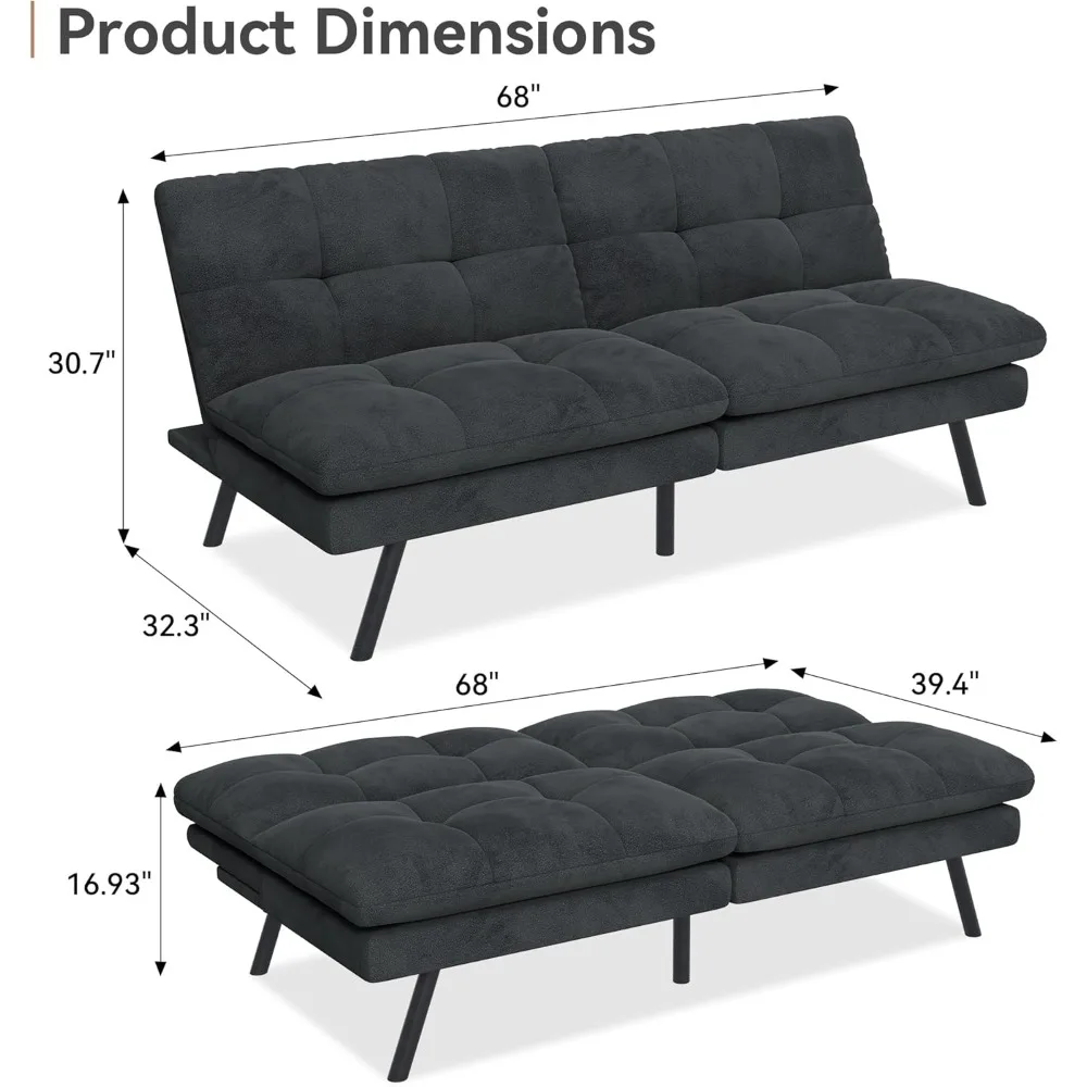 Rozkładana sofa Futon, kanapa Futon z pianki memory z regulowanym oparciem, składany mały fotel rozkładany do sypialni