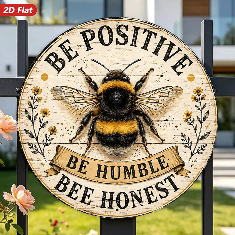 2D Flat, 1pc Inspirational Bee Quote Round Metal Sign Wall Art, Bumble Bee Illustration, Suitable for Dining Room Office Studio,