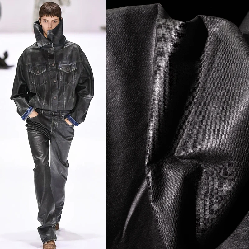 

Black Gray Oil Wax Smooth Shiny Denim Fabric for Paris Fashion Show Wide Creative Coating Designer Cloth Diy Sewing Per Meter