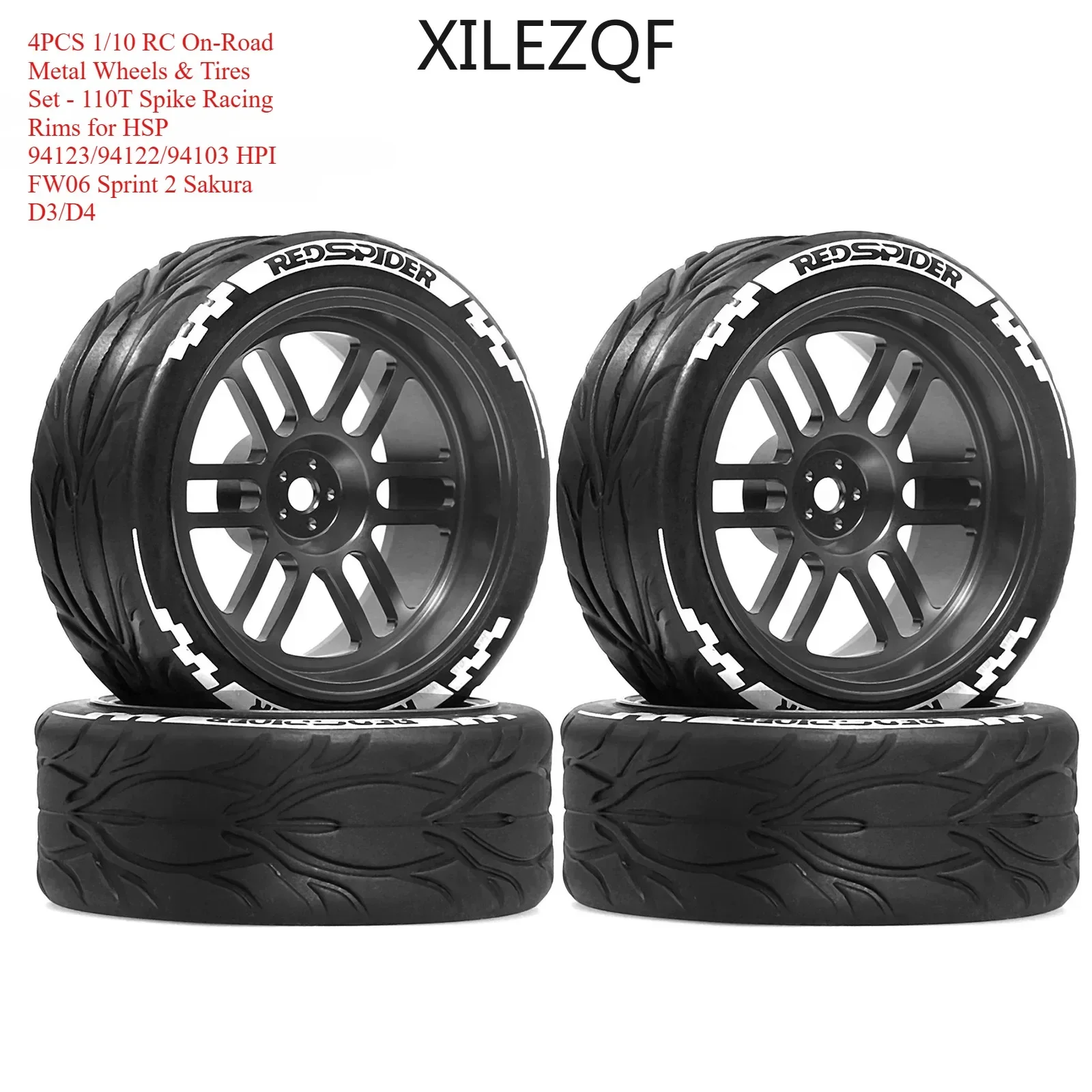 

4PCS 1/10 RC On-Road Metal Wheels & Tires Set - 110T Spike Racing Rims for HSP 94123/94122/94103 HPI FW06 Sprint 2 Sakura D3/D4