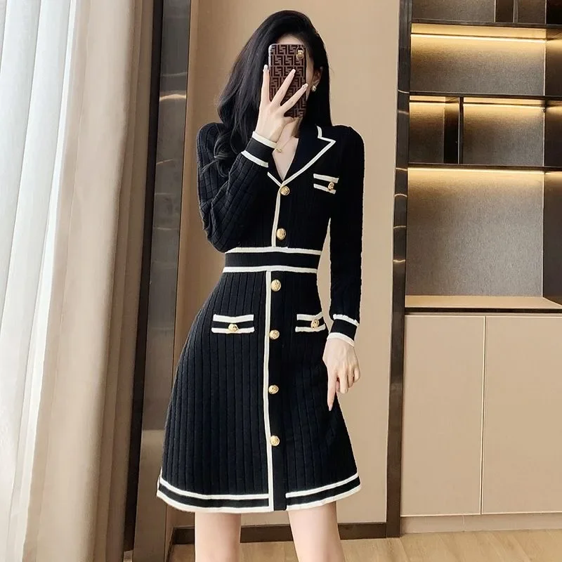 

Celebrity Xiaoxiangfeng Knitted High-end Dress Waist 2025 Spring Autumn New Women Clothing Long-sleeved Temperament Skirt A Word