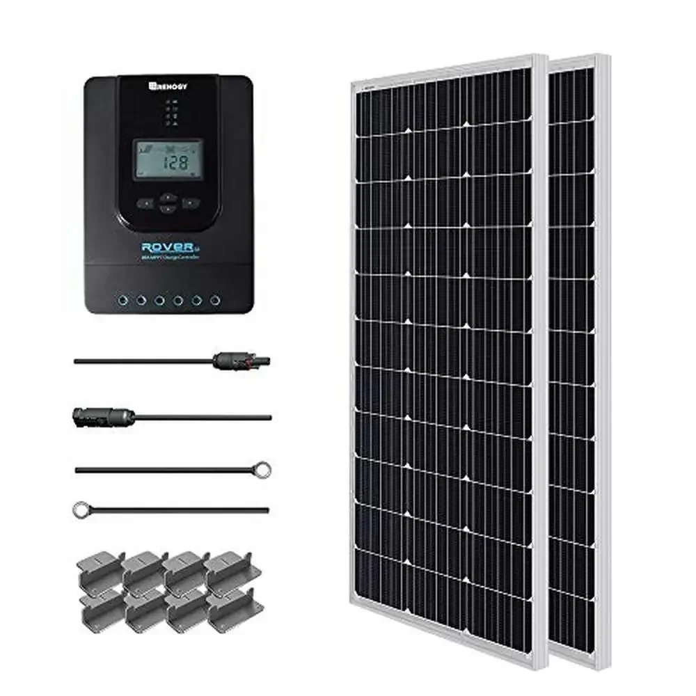 200W 12V Monocrystalline Solar Panel Starter Kit with 20A Rover MPPT Charge Controller Mounting Z Brackets Tray Cable Adaptor