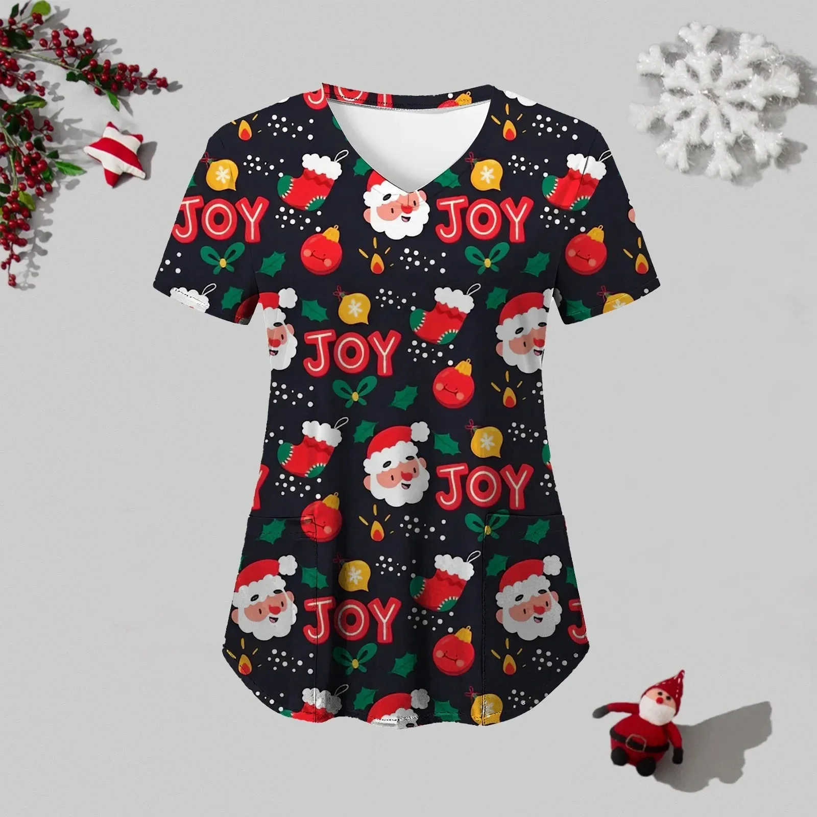 Women Working Uniform Short Sleeve V-Neck Cartoon Printing Tops Christmas Thanksgiving Blouses Uniforms Pet Scrubs Costume