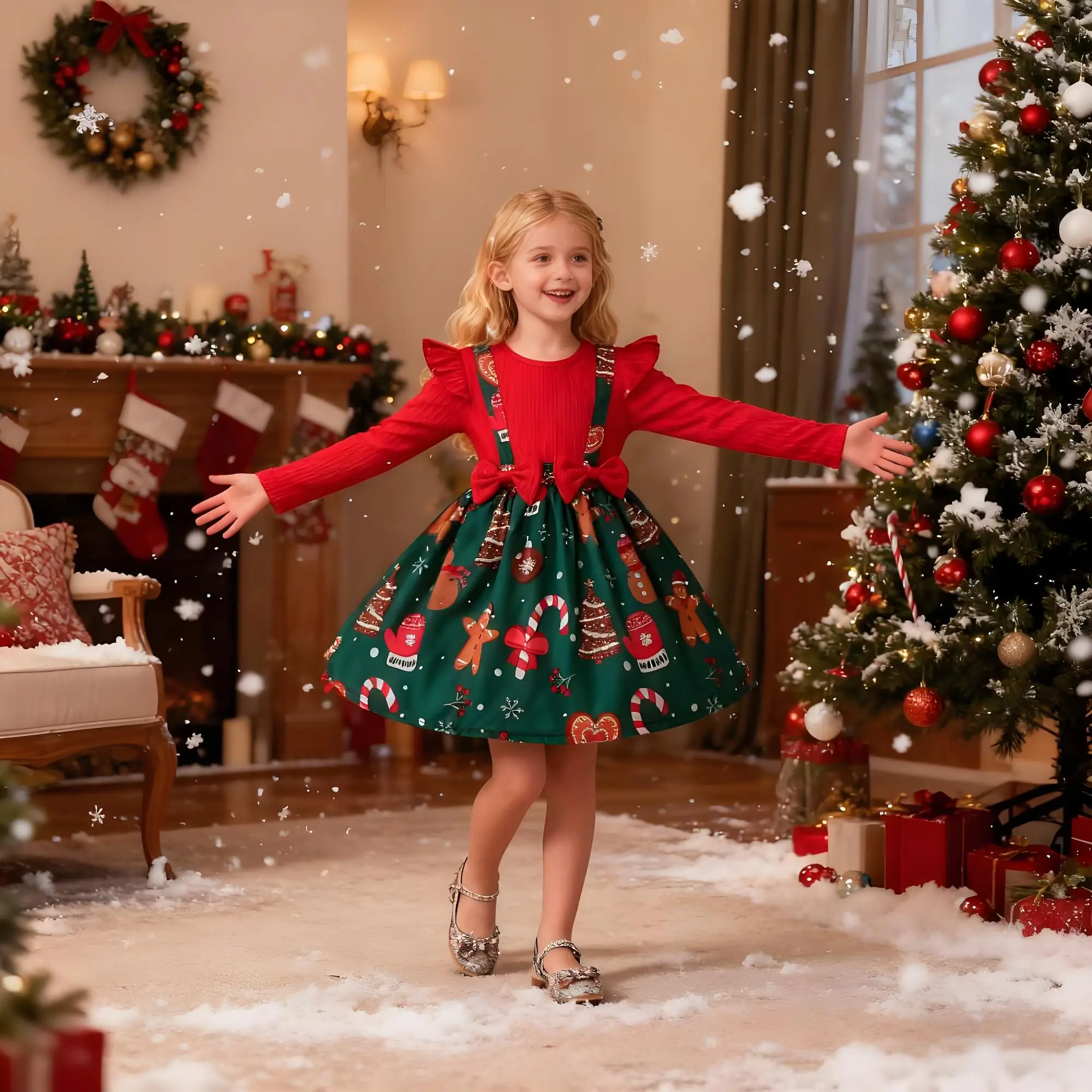 

2026 New Year Dress For Girls Clothes Red Patchwork Xmas Gift Deer Print Christmas Dresses Carnival Kids Christmas Costume