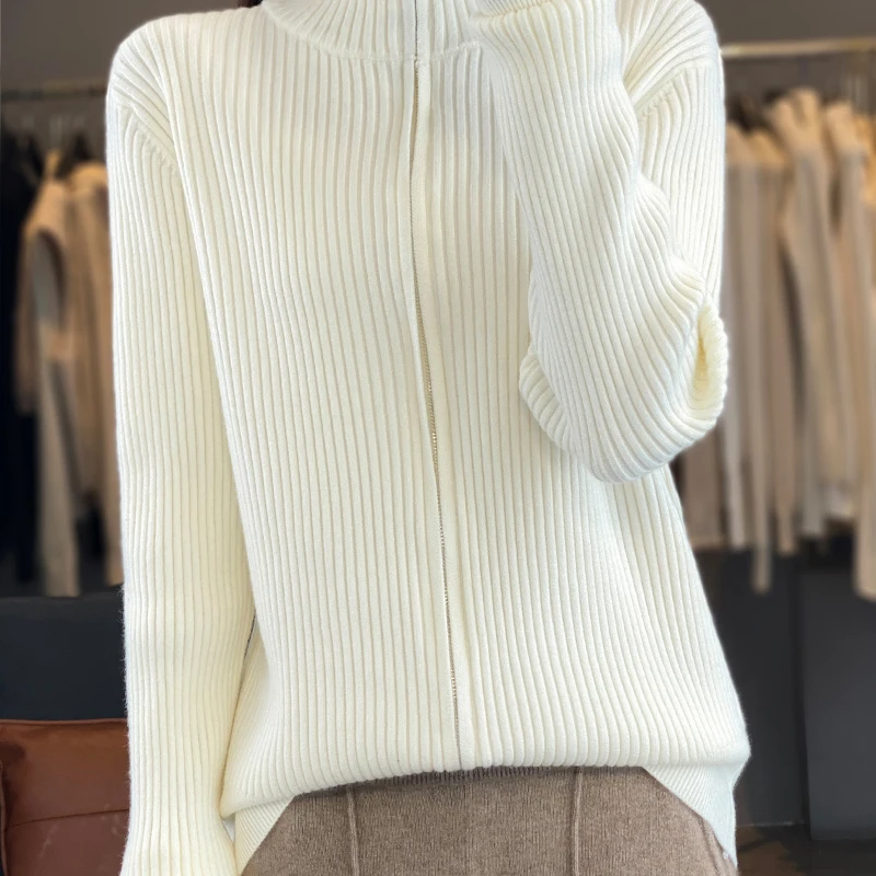 

Женский кардиган с двойной молнией и полувысоким воротником, новинка 2025 года, свитер со стоячим воротником, вязаный однотонный топ в вертикальную полоску
