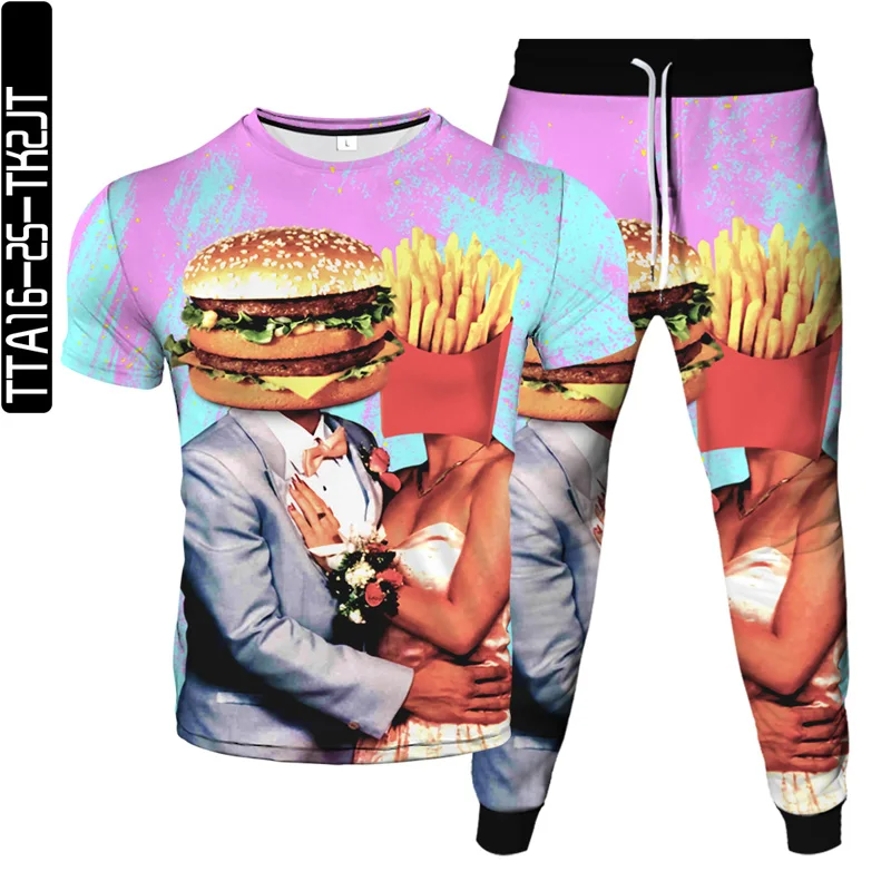 Summer Men Women Casual Clothing Suit Hacker Hamburger French Fries Printing Tracksuit T Shirt Jogging Pants 2Pcs Set Size S-6XL