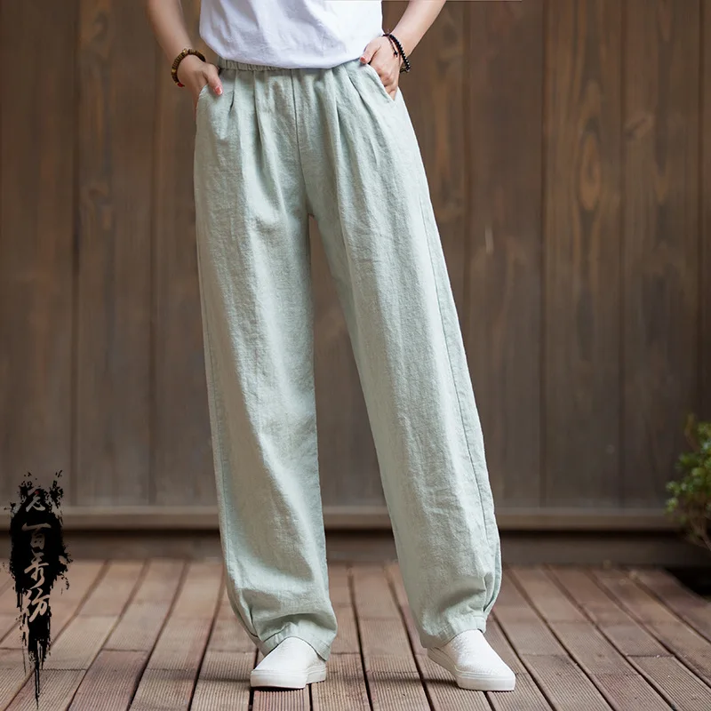 

Autumn Winter Cotton Linen Women's Pants, Washed Wide-Leg Trousers with Elastic Waist.