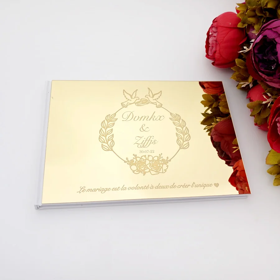 Libro de invitados personalizado de diferentes estilos para boda, cubierta de espejo de oro/plata, páginas blancas vacías, decoración de fiesta