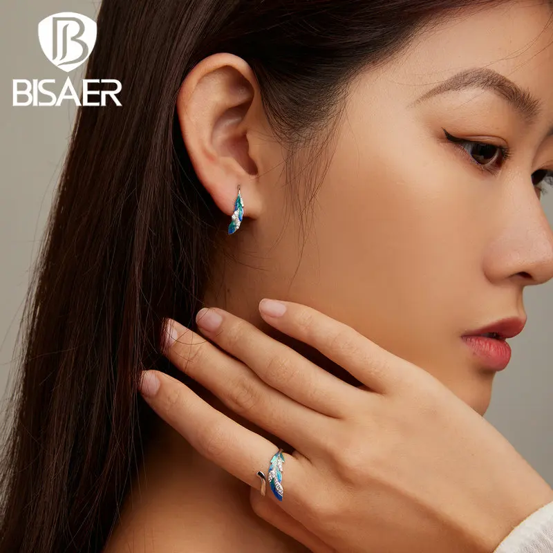 BISAER 925 Sterling Silver Blue Feather Jewelry Set Earrings Adjustable Ring Plated Platinum For Women Elegant Fine Jewelry Gift