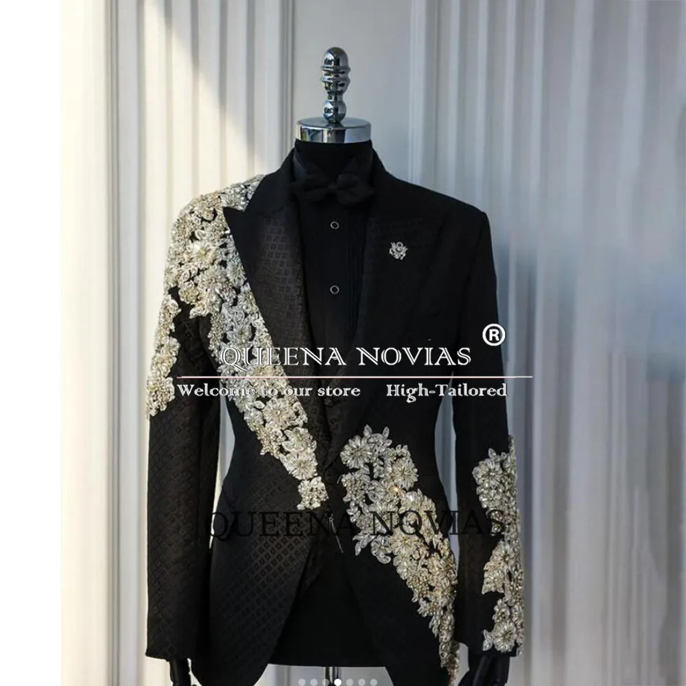 

Роскошные мужские костюмы с аппликациями из бисера и камней для свадьбы, однобортный пиджак на заказ, брюки, комплект из 2 предметов, костюм Homme Attire