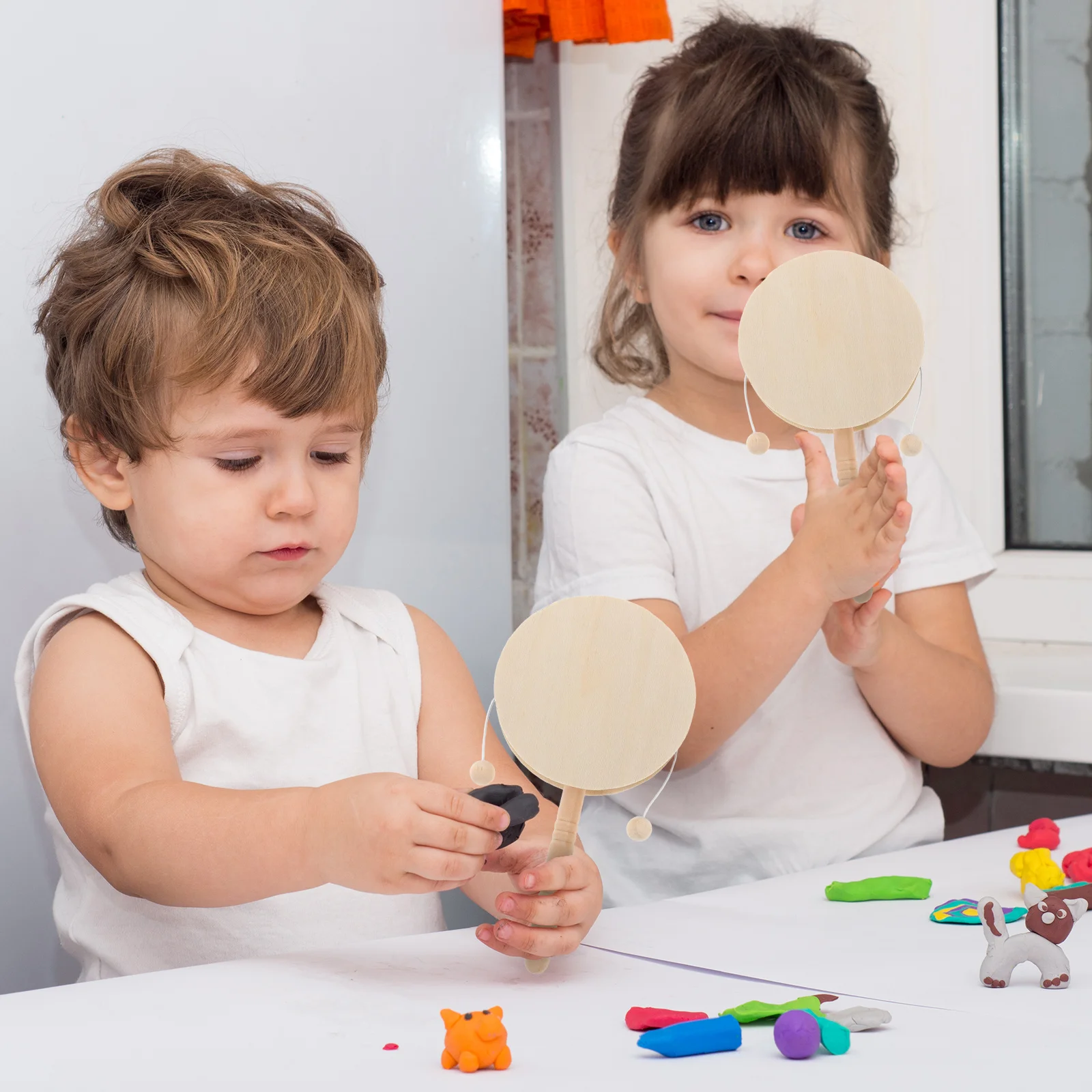 6Pcs DIY Wooden Rattle Drums Blank Unpainted Percussion Handheld Kids Painting Parent Child 17cmx9.4cm Craft Instrument