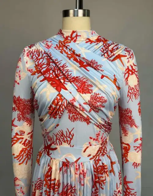 

Female Fashion Elegant Dress Spring & Summer New High Waist Slim Printed Long Sleeve Pleated Dresses for Women's Clothing