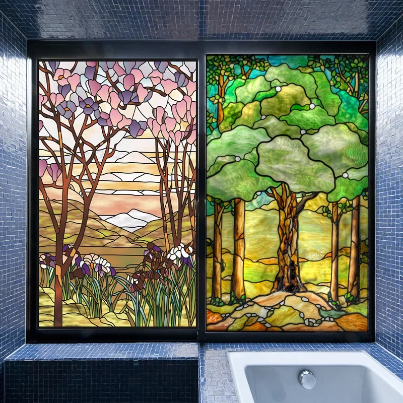 Static Cling Window Film Stained Glass Stickers Trees Pattern Non-Adhesive Privacy Bathroom Living Room Home Decor