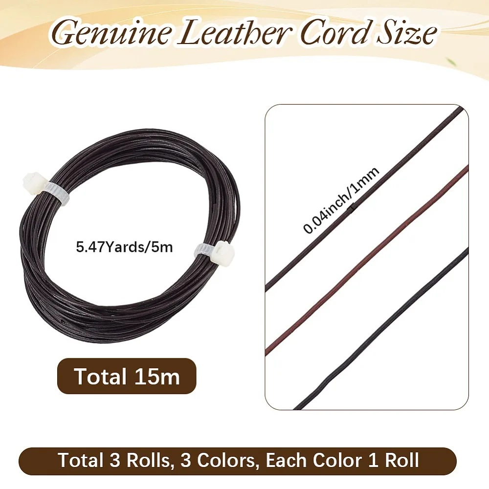 15M 3 Colors Cowhide Leather Cord Round Mixed Color 1mm 5.47 Yards(5m)/Set
