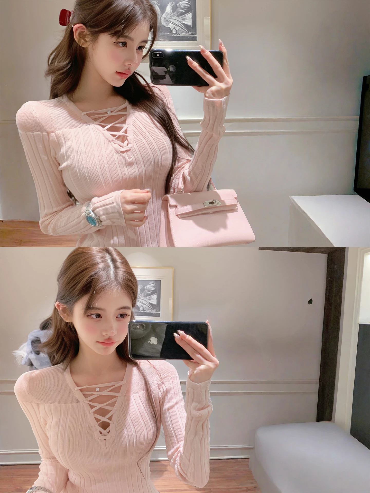 

AkiQiu Autumn Pure Desire Hollow out V-Ne Cross Tie Knitwear Design Sensation Inner Wear Top Women's Faion