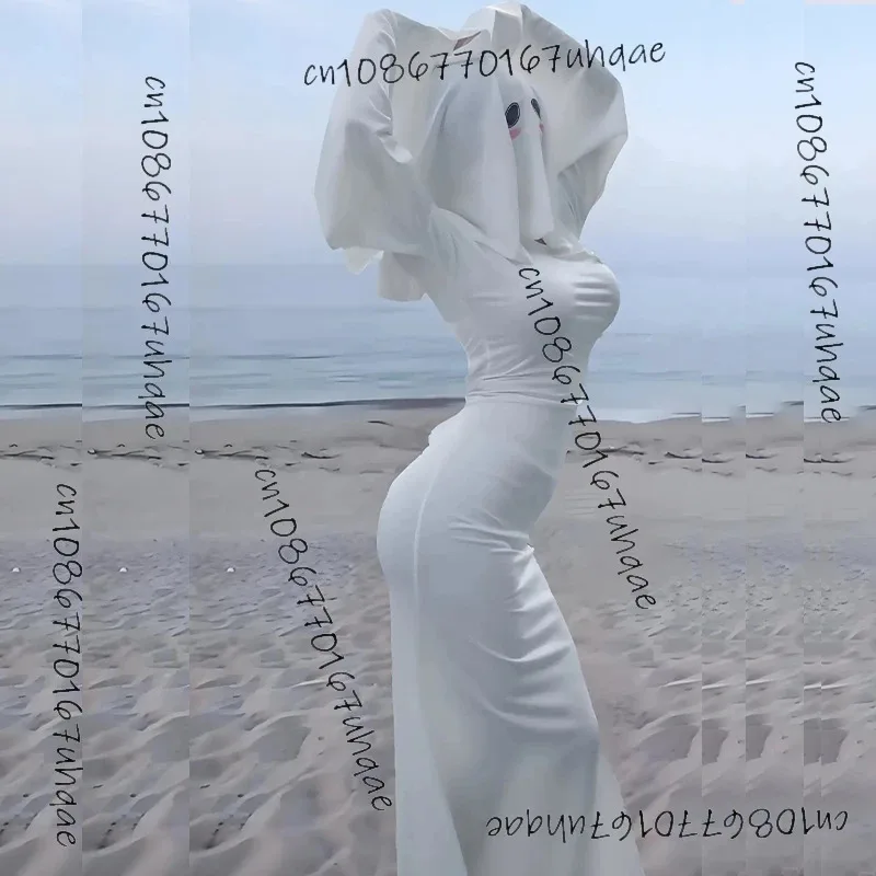 25COSSexy lindo disfraz de fantasma femenino 2024Halloween mujer fantasma Cos ropa adulto vestido blanco asustar cara capa ropa