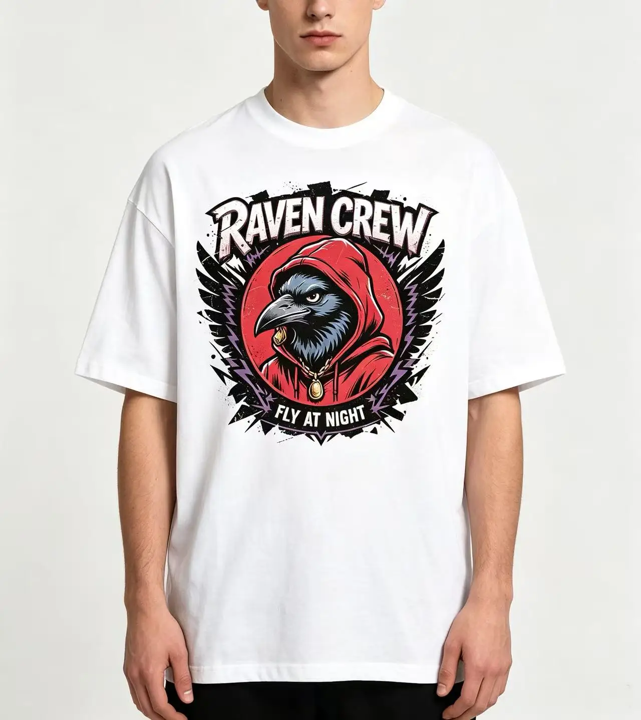 Unisex Raven Crew Fly At Night Hooded Crow Graffiti Thunder Graphic T Shirt Men Women Gothic Bird Cartoon Print Oversized Short Sleeve Tee