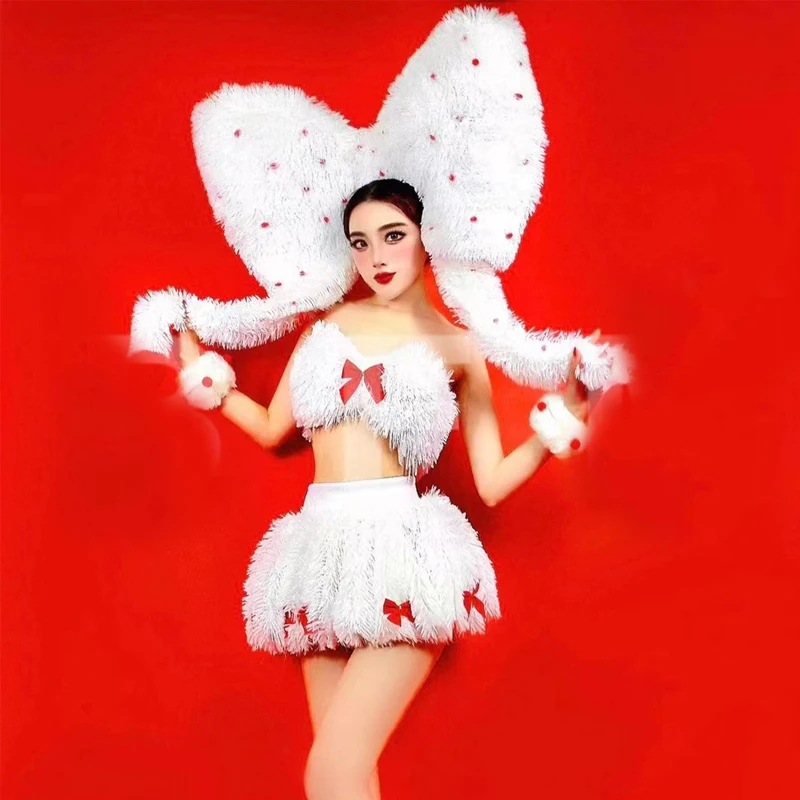 Pink Cute Suit Christmas Dancer Costume Big Bow Headwear White Fur Top Skirt Show Nightclub Stage Outfit Party Rave Clothes