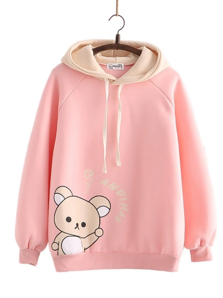 

Harajuku Cartoon Bear Print Kawaii Hoodies Women 2023 Winter Long Sleeve Drawstring Fleece Hooded Sweatshirt Female Pullover Top