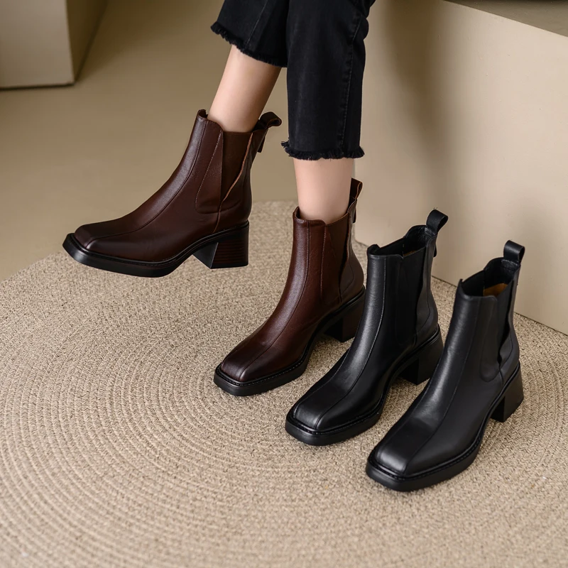 QUTAA 2025 Women Ankle Boots Autumn Pointed Toe Genuine leather Winter High Heel Shoes Woman Short Boots News Black Size 34-40