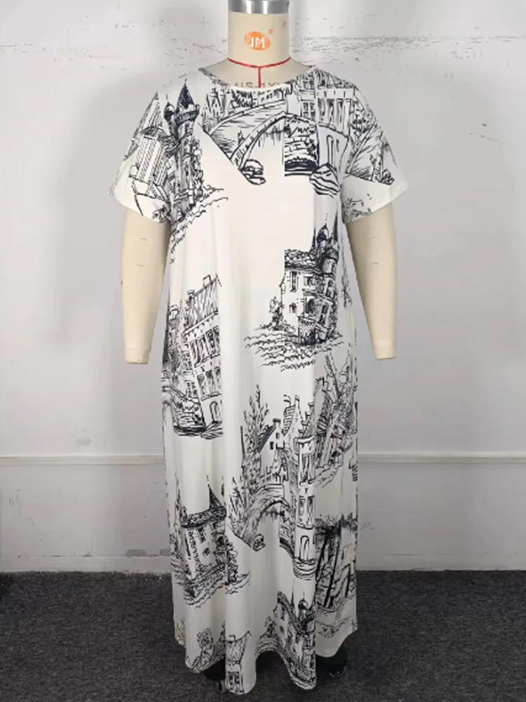 Gibsie Plus Size O-hals Korte Mouw Vakantie Maxi Jurk Vrouwen 2024 Nieuwe Zomer Architectuur Print Casual Strand Losse Jurken