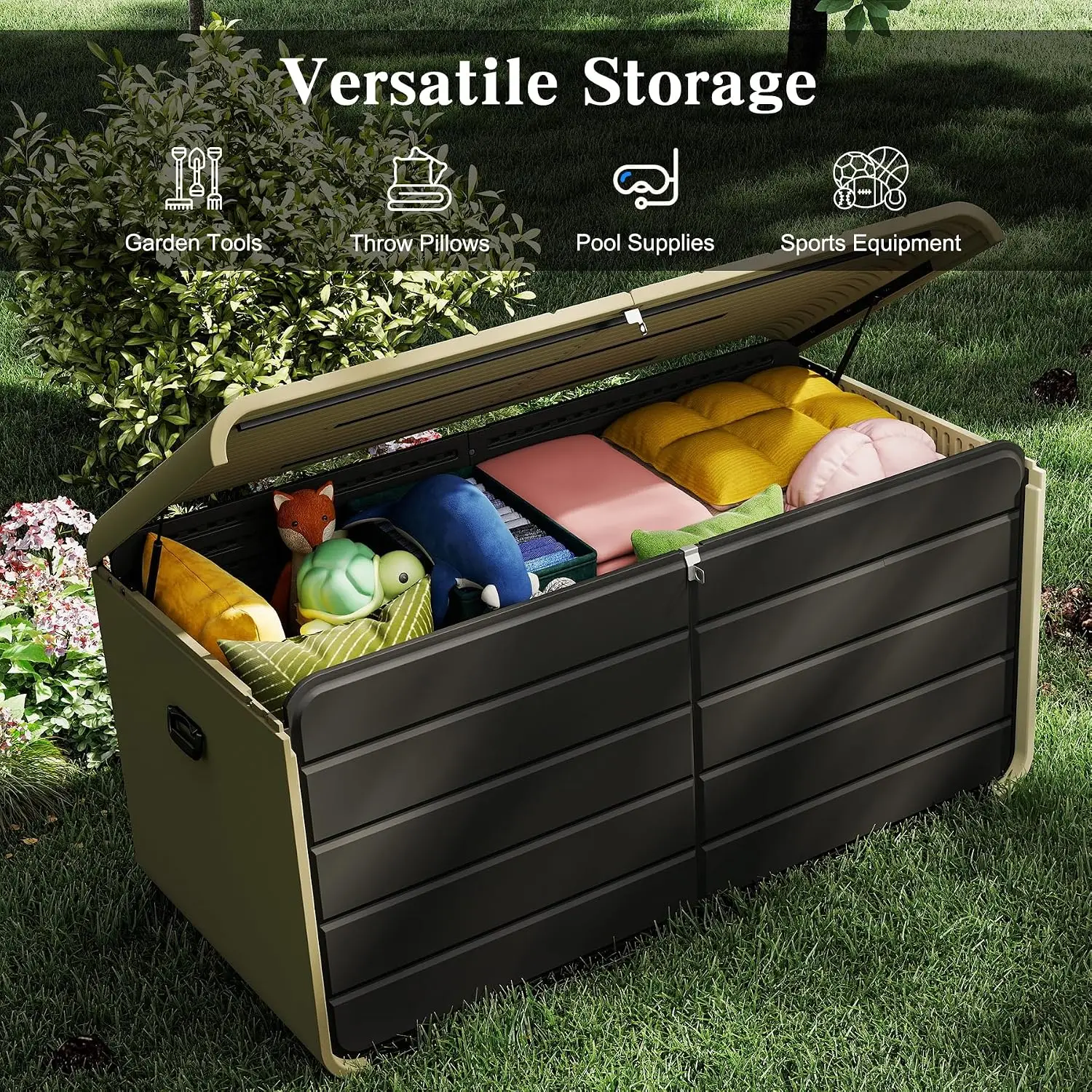 Indoor Outdoor Storage Box 200 Gallon, Large Waterproof Resin Deck Box Organizer Container With Lockable Lid Support, Heavy Duty Weather Resistant Poolside Patio Garden Cushion Bench Cabinet, Gray view 6