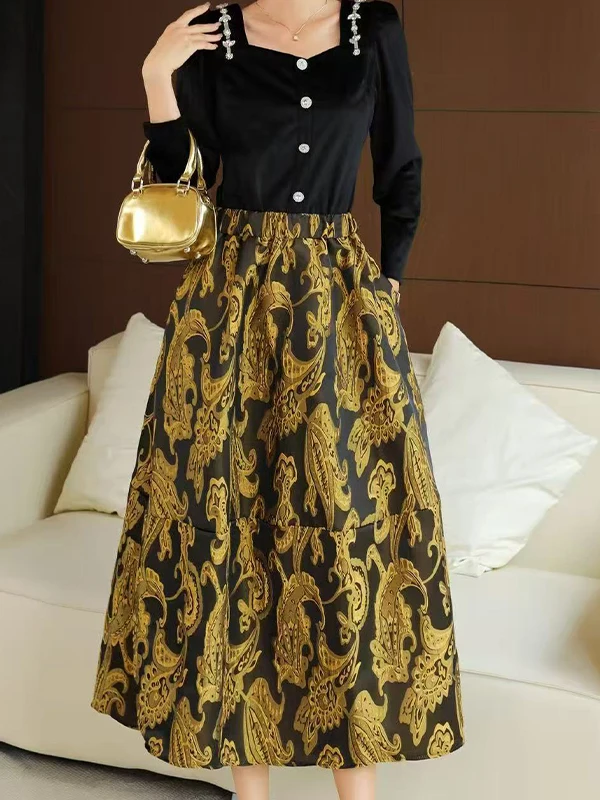 กระโปรงปักลายดอกไม้สไตล์ศิลปะ กระโปรงทรงเอไลน์เอวสูงทรงหลวม  กระโปรงยาวปานกลางแบบบอลกาวน์  แฟชั่นผู้หญิง ฤดูใบไม้ผลิ 2026