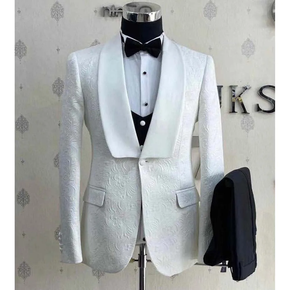 

Luxury White Wedding Men Suits Jacquard Fabric Shawl Lapel Tuxedos Formal 3 Piece Jacket Pants Vest Outfits Costume Homme