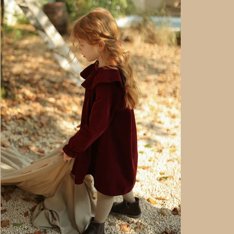 Girls Casual Dresses Birthday Flower Edge Round Collar Baby Autumn Winter Princess Long 2023 Pleated Soild Warm