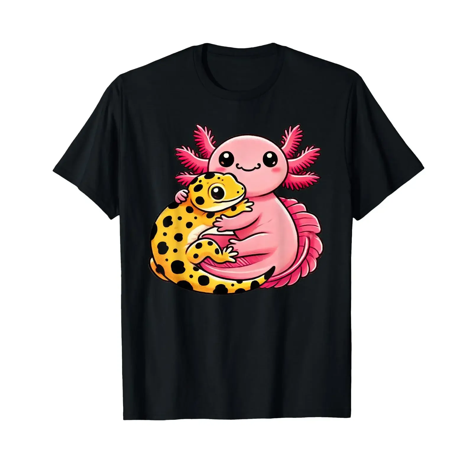 Niedliches T-Shirt mit Axolotl, der einen Leopardengecko umarmt, schwarz, Vintage-Look, gewaschen, atmungsaktiv, weich, Streetwear, Herren, leicht unisex.