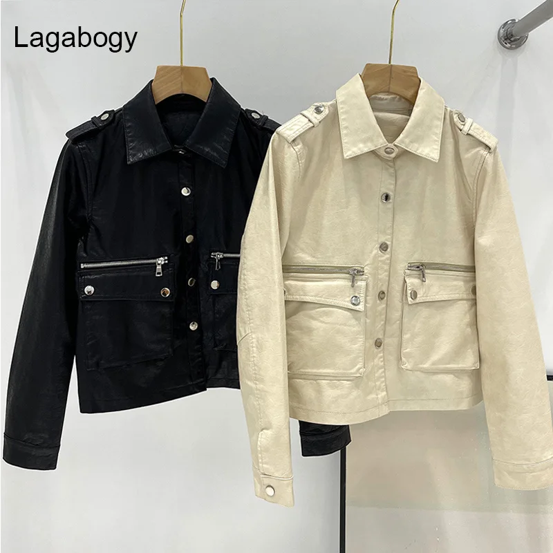 

Faux Lagabogy New Spring Autumn Women Soft PU Leather Jacket Female Moto Biker Slim Black Coat Ladies Casual Outwear