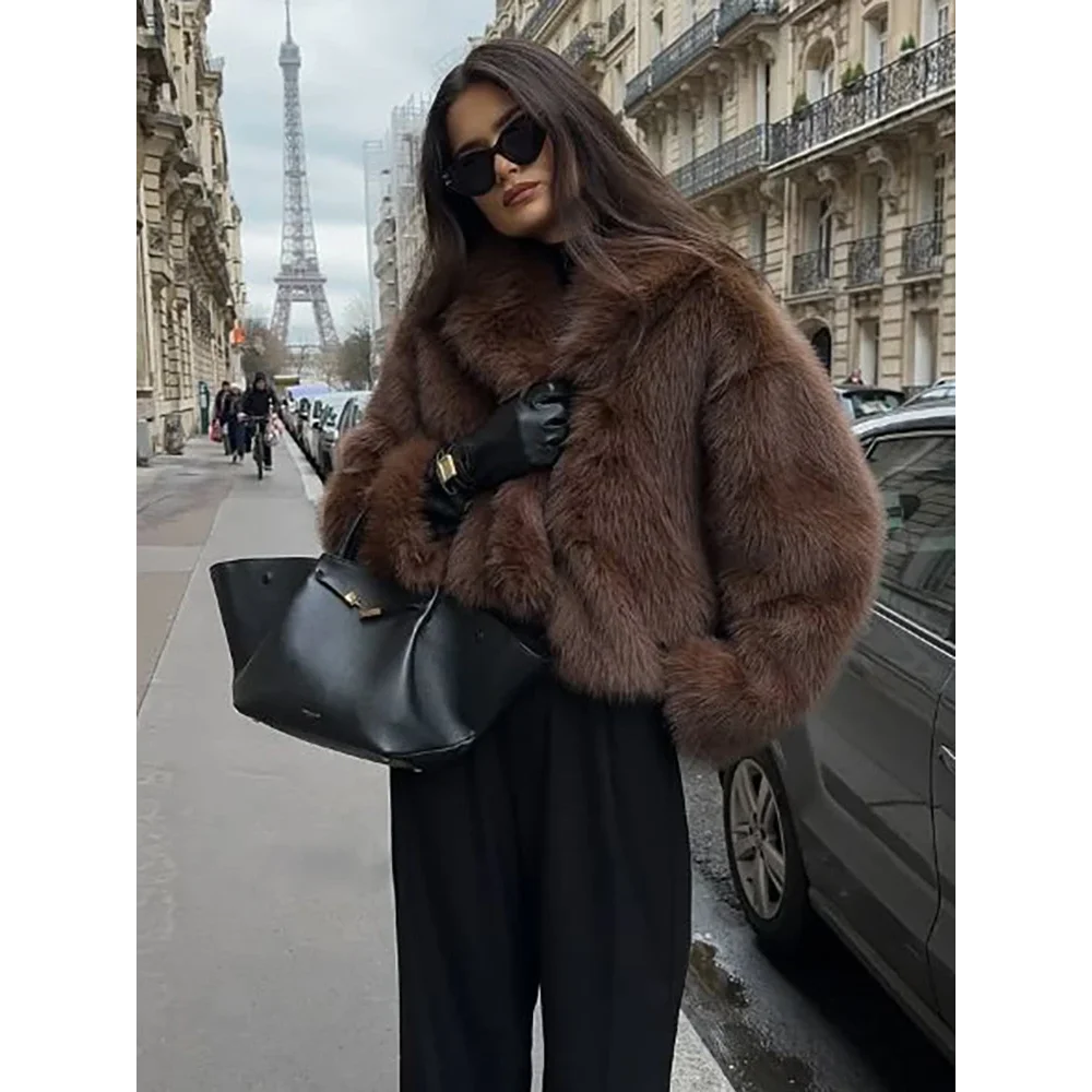 2025 invierno nueva moda mujer abrigo de piel sintética marrón solapa suelta manga larga gruesa felpa chaquetas cortas cálidas