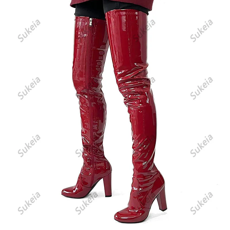 Sukeia High Quality Women Spring Thigh Boots Chunky Heels Round Toe Pretty Burgundy Red Club Shoes Ladies US Size 5-20