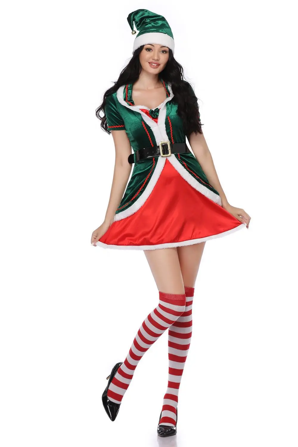 

Christmas new women's adult dress waist adult party costume green elf Christmas dress