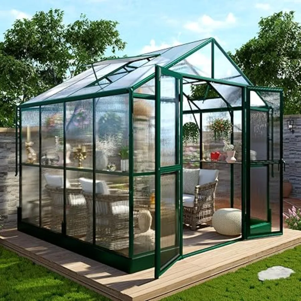 Aluminum Greenhouses for Outdoors, Polycarbonate Greenhouse with Lockable Swing Door 2 Vents Rain Gutter,Green