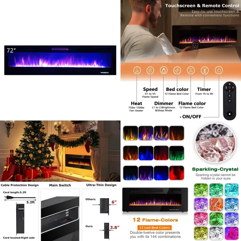 36 42 50 60 72 Inch Electric Fireplace Wall Mounted Recessed Low Noise Touch Screen Remote Timer Modern Home Heater Decor