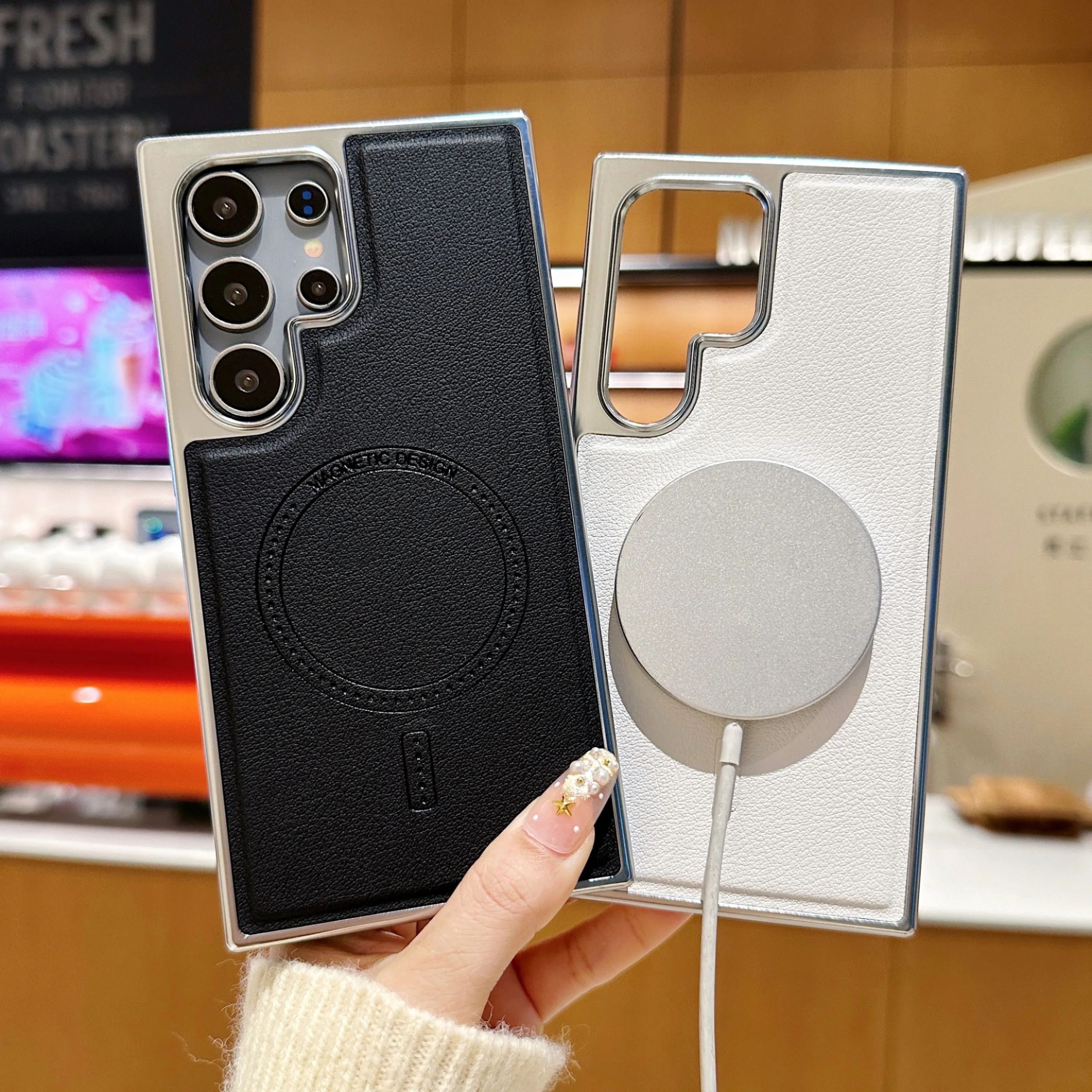 

Shockproof Electroplating Leather Wireless Charging Magnetic Case for Samsung Galaxy S24 Ultra S25, Matte Hard Phone Cover Funda