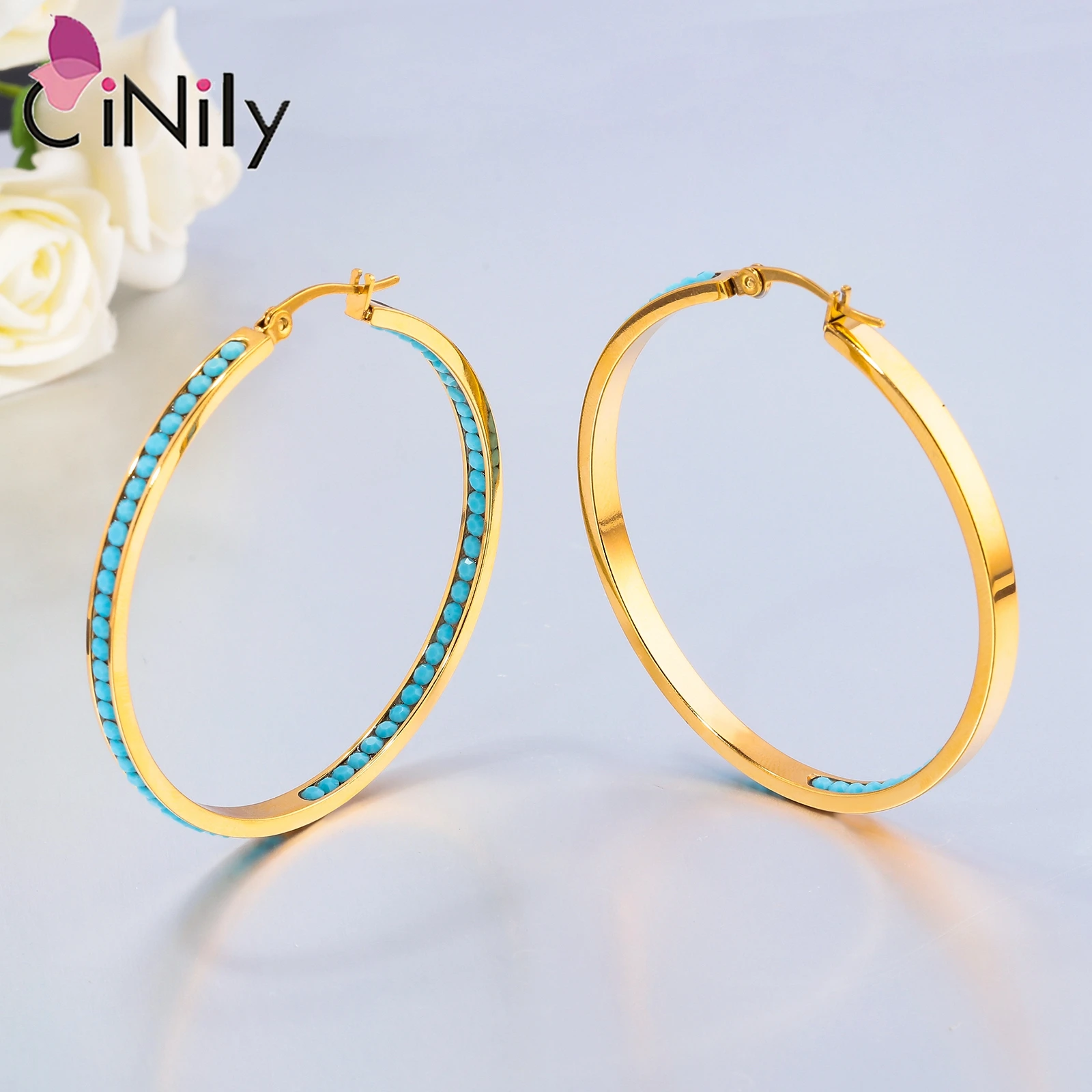 CiNily Silver Plated Gold/Blue Turquoise CZ Crystal Hoop Earrings for Women Stainless Steel Summer Party Jewelry Gift for Girls