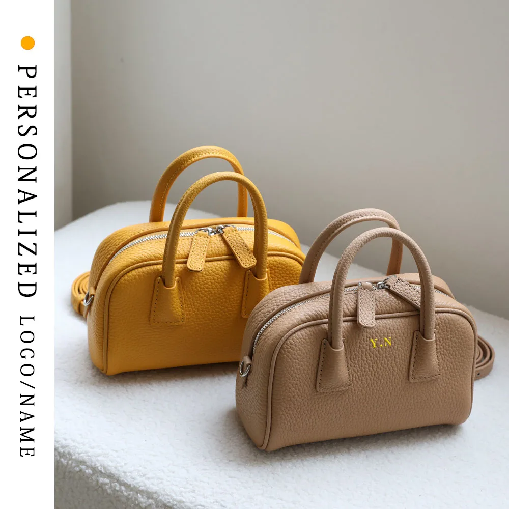 Support Free Personalized Custom First-layer Cowhide Bowling Bag Women's Bag Handbag Crossbody Bag Boston Bag Genuine Leather