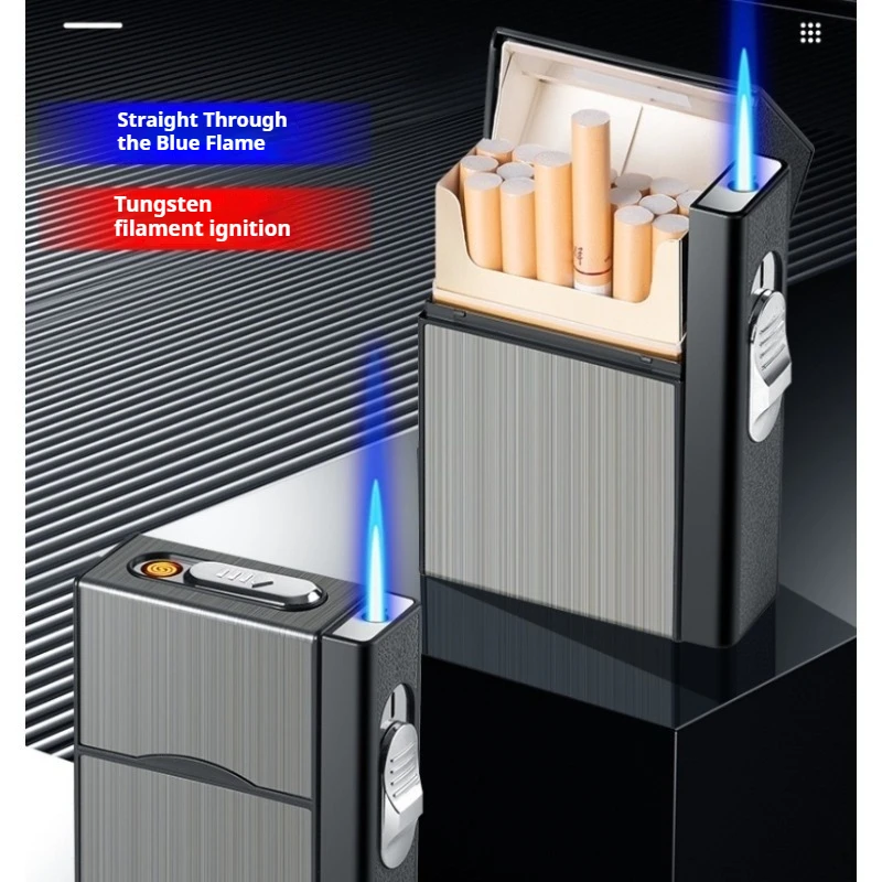 Étui à cigarettes 2-en-1 avec briquet intégré rechargeable par USB ; compact et portable. Idéal pour un usage quotidien, le camping, la randonnée et les activités de plein air.