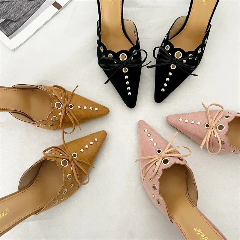 Fashion Rivet Pointed Toe Women Mules Low Thin Heel Slip On Women Heels