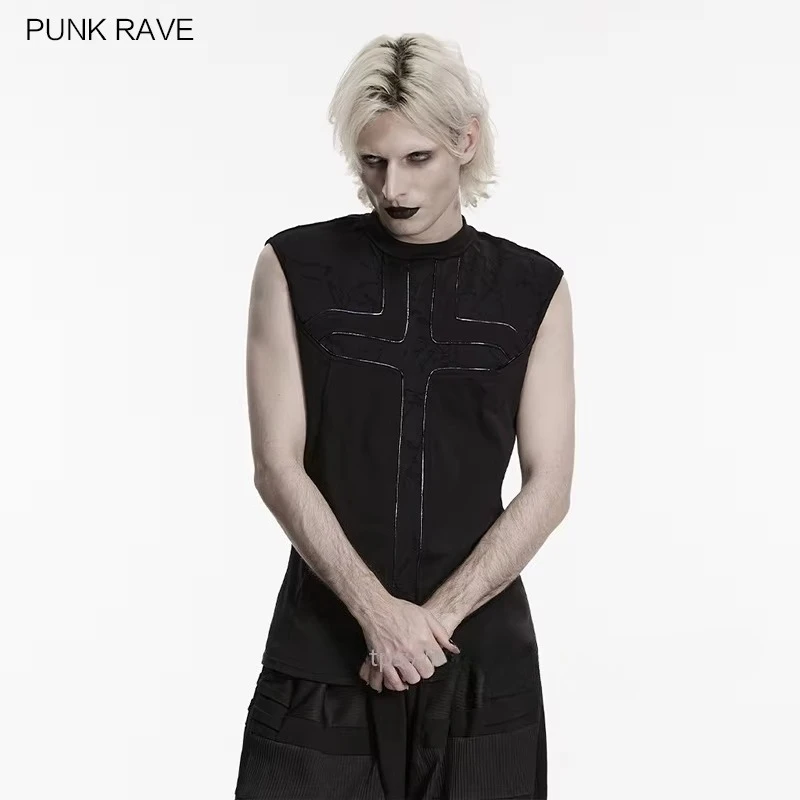 PUNK RAVE Men's Punk Elastic Knitted Minimalist Black Cross Vest Dark Avant-garde Style Tops Summer