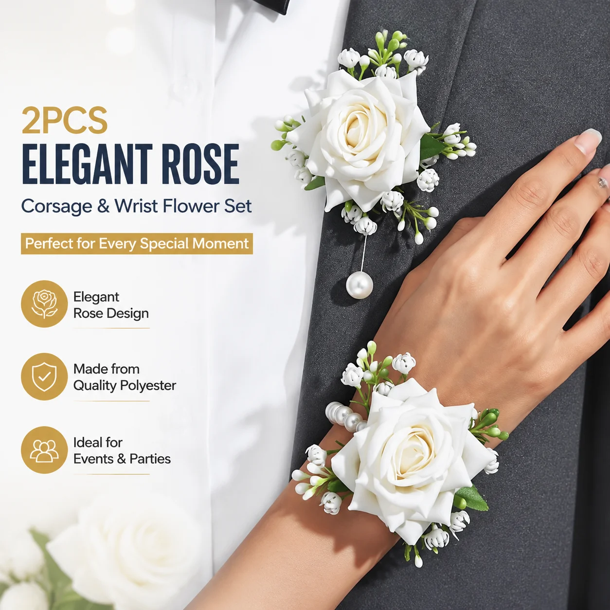 2pcs Elegant Rose Corsage and Wrist Flower Set in Polyester Fiber for School Events, Parties, and Formal Occasions