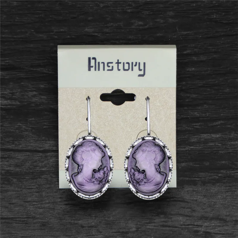 6 Colors Vintage Oval Lady Queen Cameo Pendant Earrings For Women Antqiue Silver Plated Pink Gray Blue Purple Cameo Earring