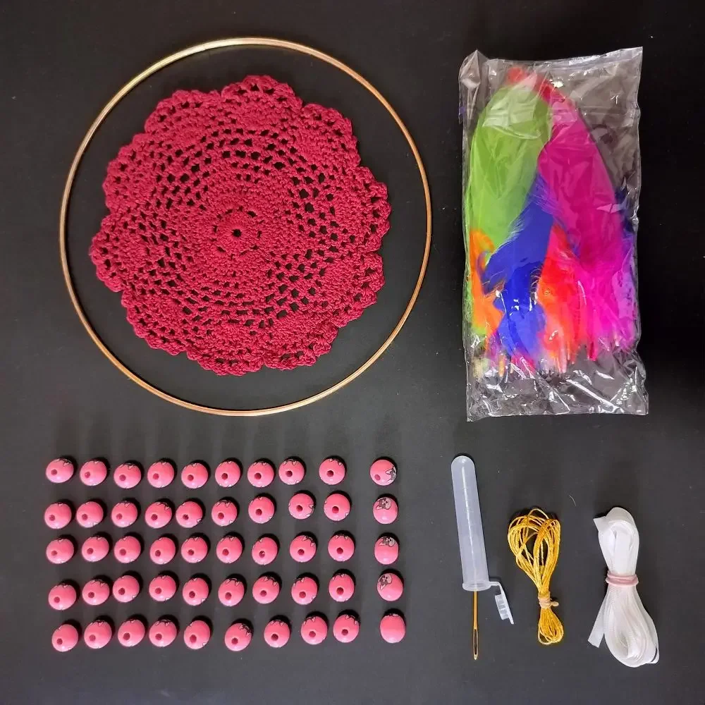 

Dream Catcher Making Kit Set With Materials To Make Your Own Dreamcatcher Include Burgundy Doily Metal Ring Feathers Pet Beads