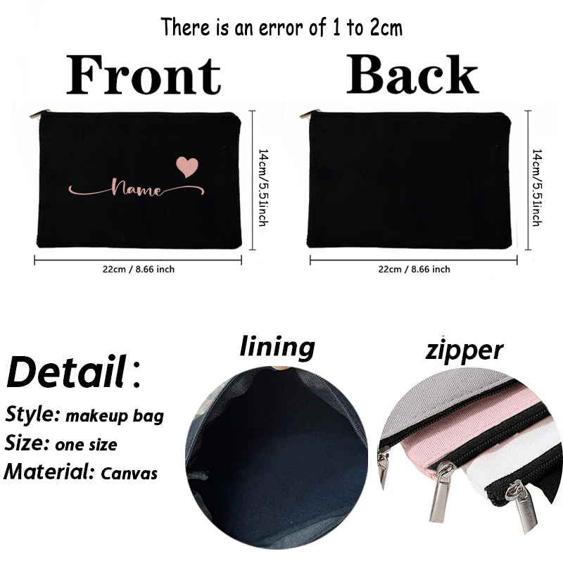 Love Customized Name Canvas Bags Simple Black Makeup Bag Organizer New Travel Perfume Lipstick Pouch Stationery Pencil Case Gift