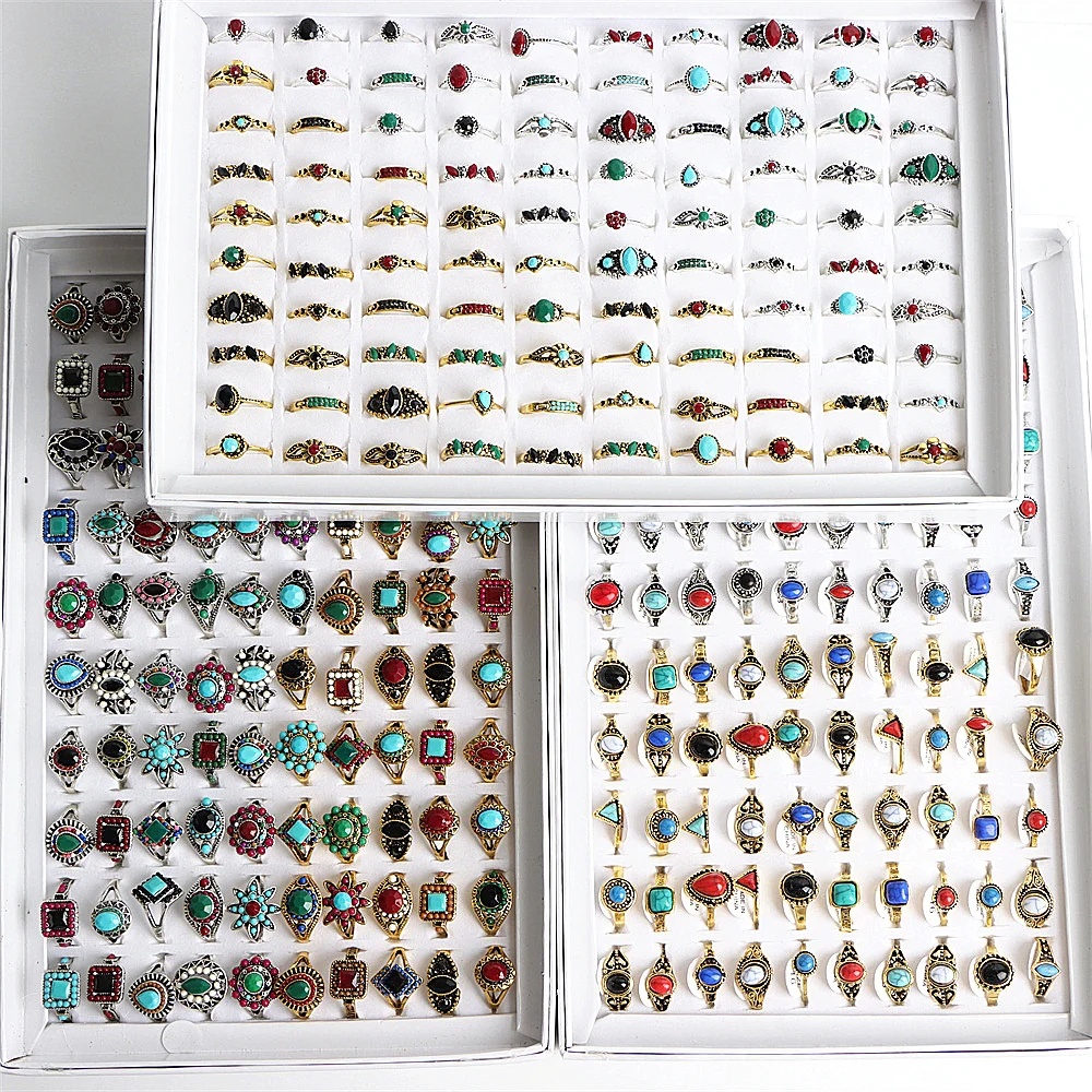 36pcs/lot Bohemia Vintage Silver Gold Plated Flower Rings Jewelry For Women Men Mix Color Style