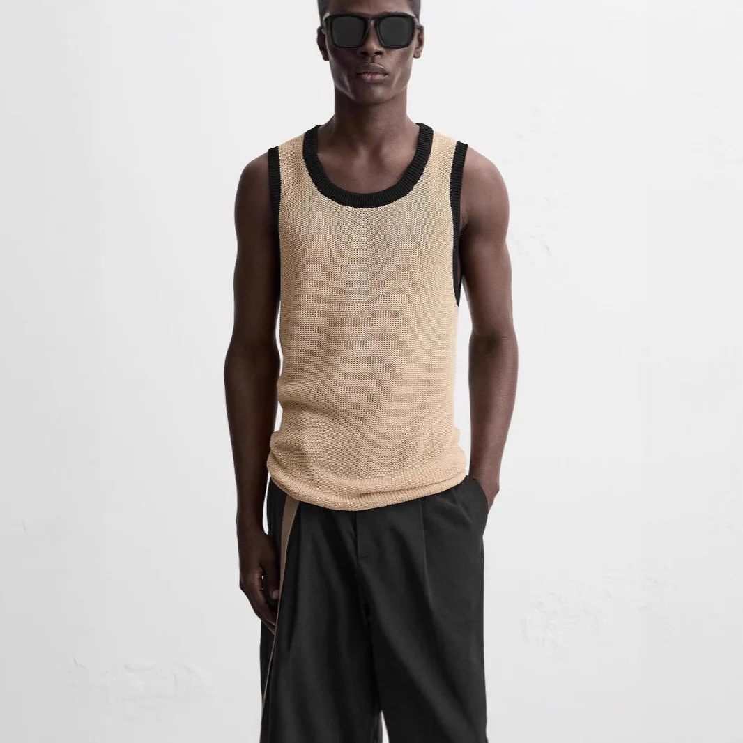 

25 Summer New Men's Clothing American Knitted Tank Top Wide Round Neck Sleeveless T-shirt