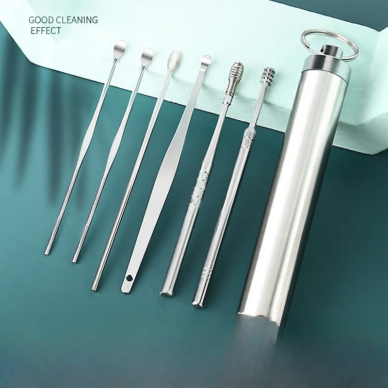 Stainless Steel Ear Wax Removal Tool 6 Piece Set Spiral Rotating Ear Scoop Portable Ear Cleaner for Safe Ear Care