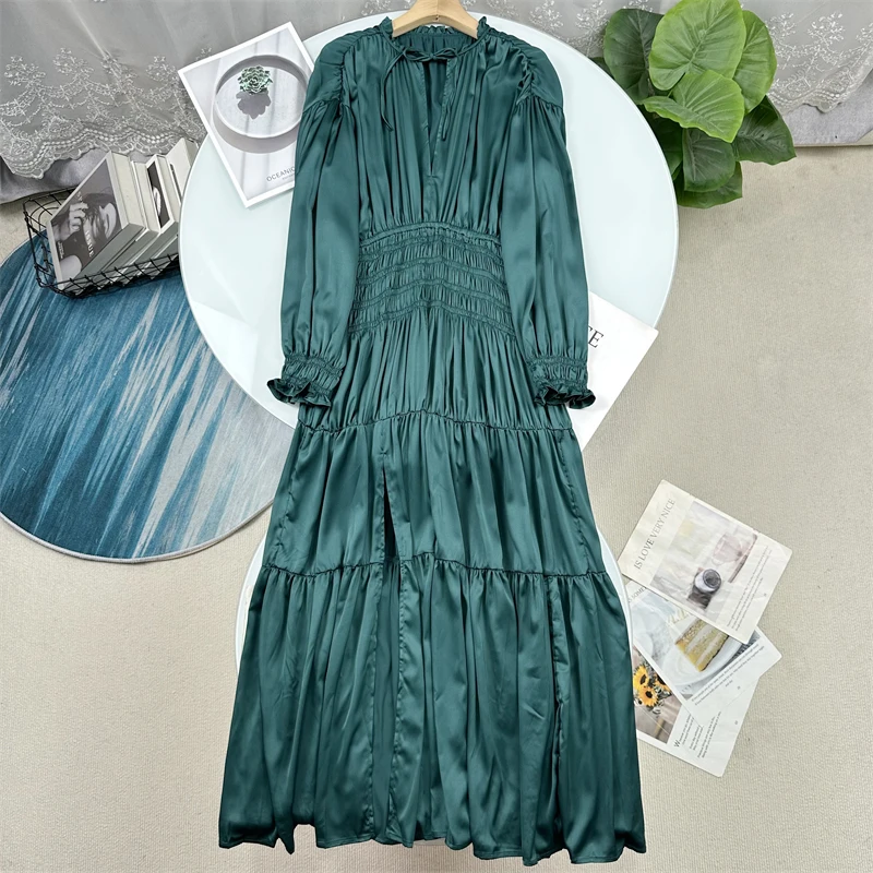 

M Home Casual High Waist Slim Fit V Neck Dress Pleated Long Sleeve Waist Cinching Long Dress Women City Commute Scenarios